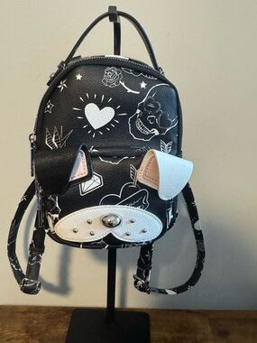 Betsey Johnson Black Graphic Puppy Face Mini Backpack Gothic Look